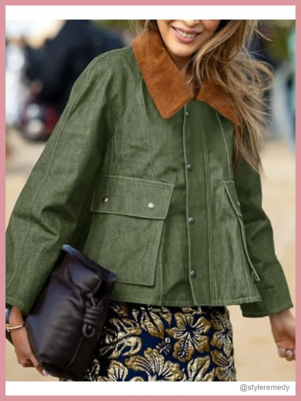 Cropped Denim Jacket Women's Button Down Corduroy Collar Loose Fit Cotton Blend
